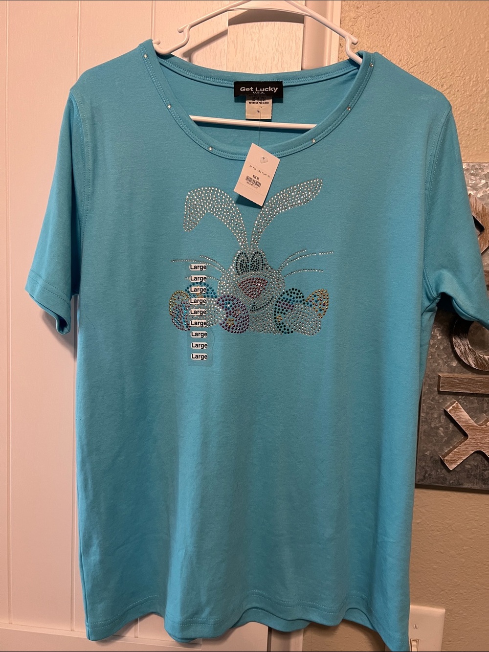NWT Get Lucky Aqua Blue Bunny Rhinestone Tee